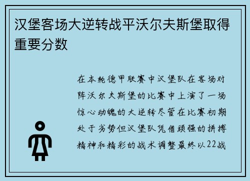 汉堡客场大逆转战平沃尔夫斯堡取得重要分数