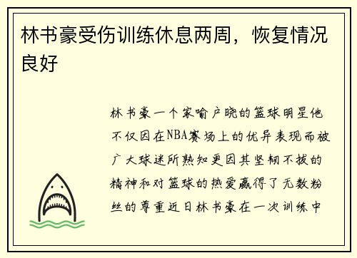 林书豪受伤训练休息两周，恢复情况良好