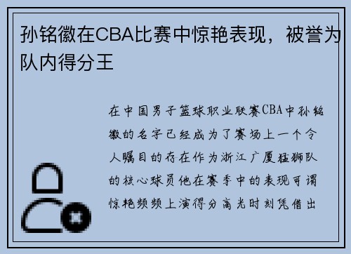 孙铭徽在CBA比赛中惊艳表现，被誉为队内得分王