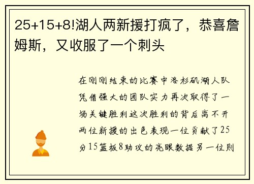 25+15+8!湖人两新援打疯了，恭喜詹姆斯，又收服了一个刺头