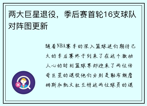 两大巨星退役，季后赛首轮16支球队对阵图更新
