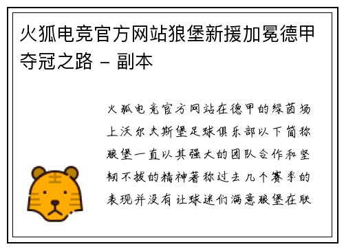 火狐电竞官方网站狼堡新援加冕德甲夺冠之路 - 副本