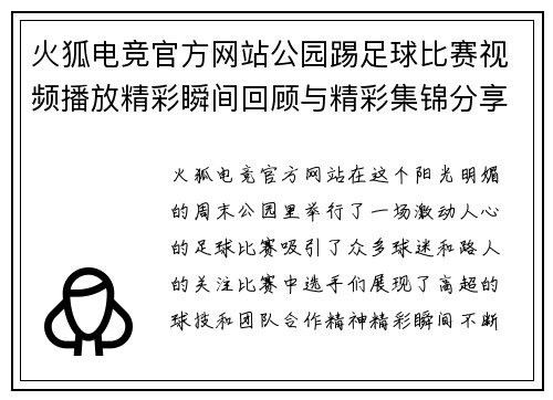 火狐电竞官方网站公园踢足球比赛视频播放精彩瞬间回顾与精彩集锦分享