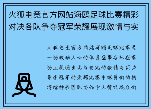 火狐电竞官方网站海鸥足球比赛精彩对决各队争夺冠军荣耀展现激情与实力